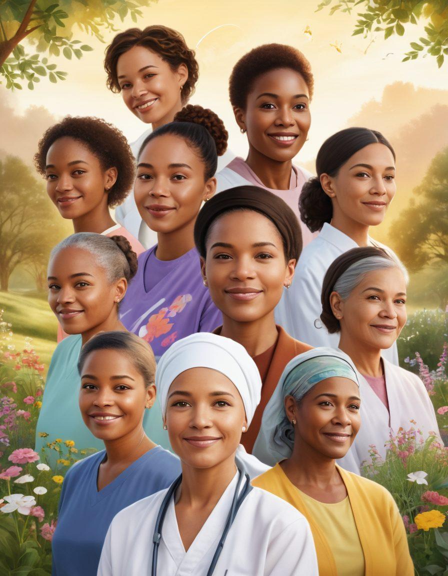 A diverse group of patients, including different ages and ethnicities, collaboratively exploring a digital platform on cancer treatment resources. They are surrounded by symbols of hope such as ribbons and healing herbs. The background features a serene, uplifting landscape with soft sunlight filtering through trees, signifying optimism. Focus on the facial expressions of empowerment and determination. bright colors. illustration.