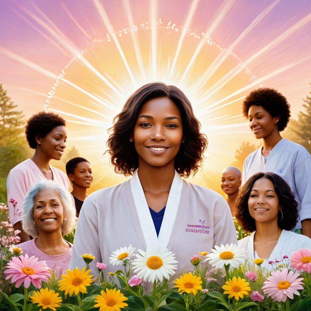 A serene landscape featuring a strong, diverse group of individuals offering support to a cancer survivor, surrounded by symbols of hope like blooming flowers and radiant sunrays. In the background, a subtle depiction of a healing journey graph showing progress and resilience. Warm and inviting color palette to evoke emotions of empowerment and support. super-realistic. vibrant colors. soft focus.