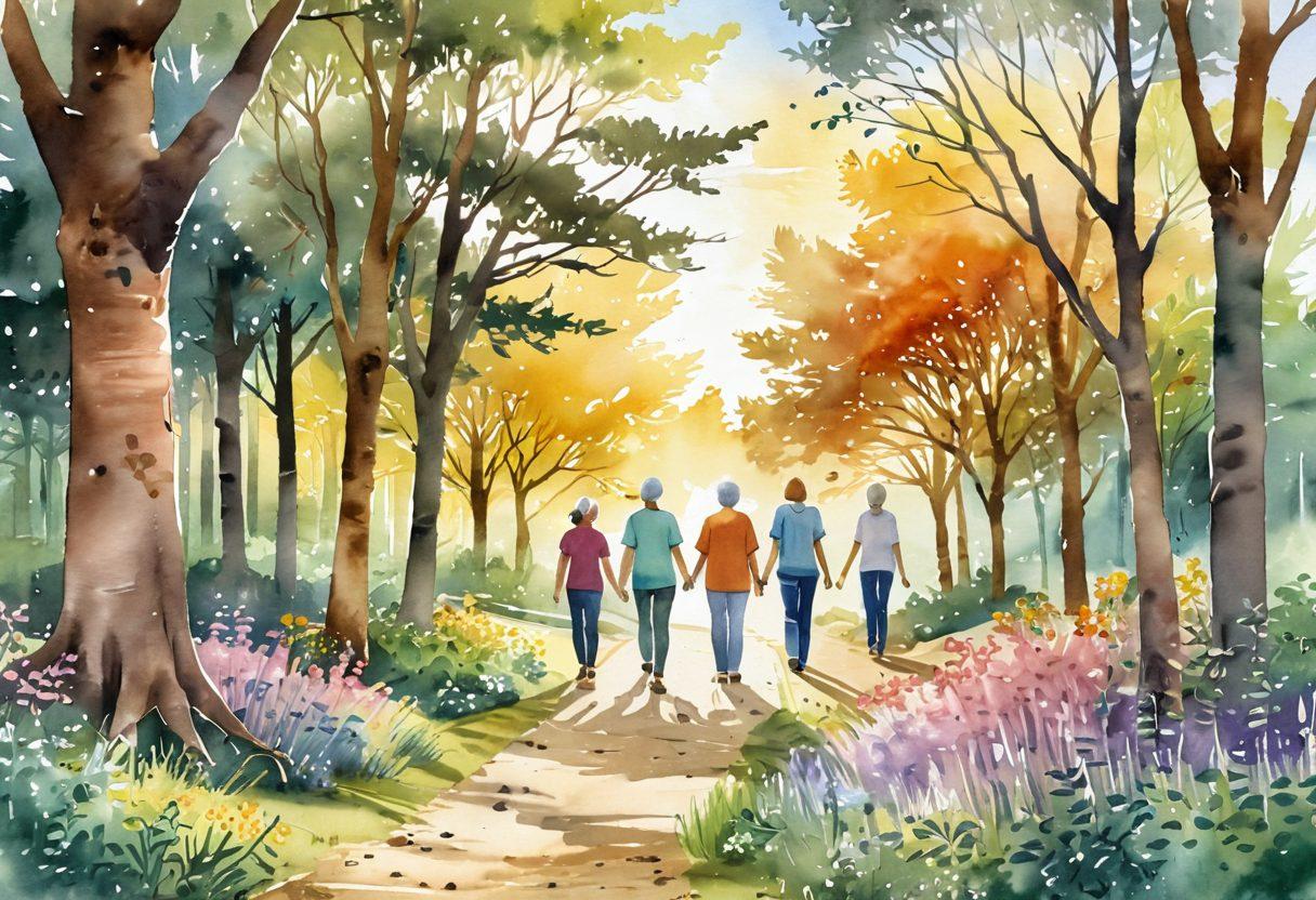 A healing landscape featuring a diverse group of individuals at various stages of their cancer journey, symbolizing hope and resilience. Include soft sunlight filtering through trees, a path leading toward a brighter horizon, and elements representing different treatment options like pills, acupuncture needles, and herbal remedies. Capture a sense of community support with people holding hands. watercolor style. warm colors. serene atmosphere.